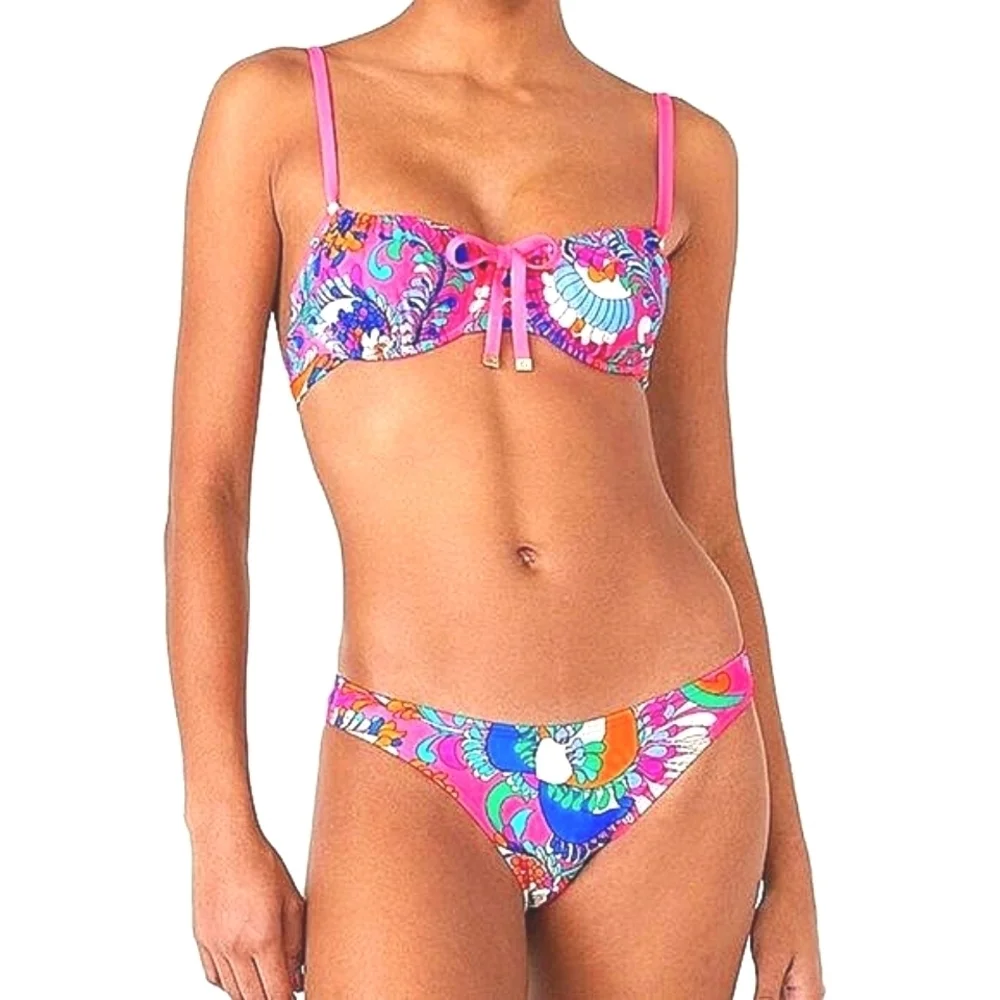 Kate Spade New York Printed Cinch Front Balconette Top Bikini Bottom Swimsuit S